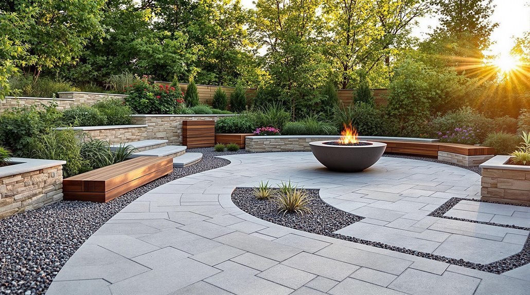 Moderne Terrasse mit Feuerstelle und Sitzbereich